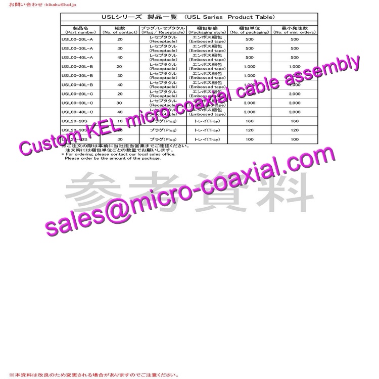 OEM ODM KEL SSL01-20L3-1000 Micro Coaxial Cable KEL USLS20-30 Micro Coaxial Cable 30-pin Micro Coaxial Connector XCL-SG510C Micro Coaxial Cable