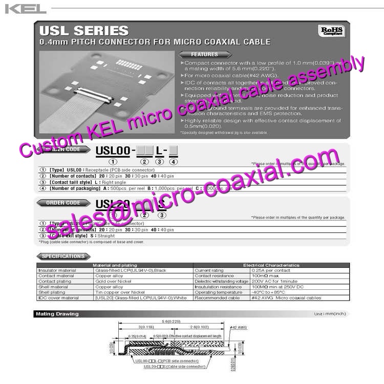 customized KEL XSL00-48L-B Micro Coaxial Cable KEL USLS00-30-C Micro Coaxial Cable Zoom Kamera Module 4K FCB-EV6300 Micro Coaxial Cable