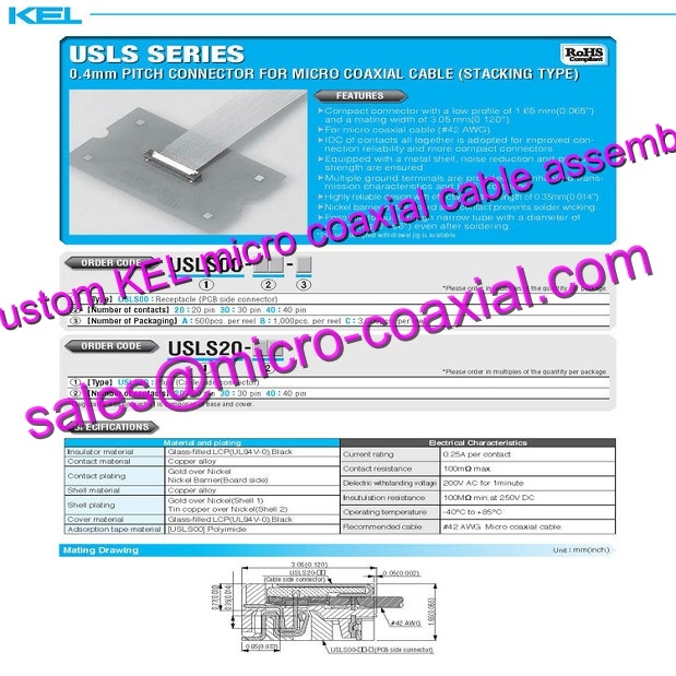 OEM ODM KEL USL20-40S Micro Coaxial Cable KEL USL00-40L-B Micro Coaxial Cable KEL 30 pin micro-coax cable DI-SC221 VK-S454N Micro Coaxial Cable