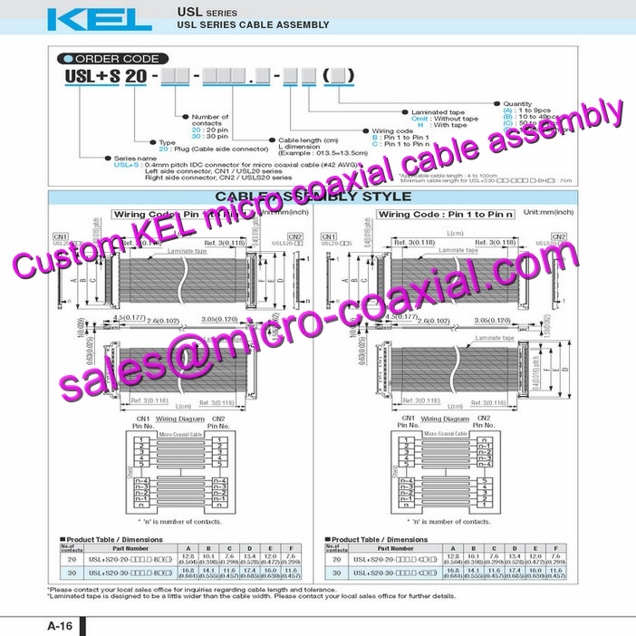 OEM ODM KEL SSL00-30S-0500 Micro Coaxial Cable KEL USLS00-20-B Micro Coaxial Cable 30-pin Micro Coaxial Connector FCB-EH3310 Micro Coaxial Cable