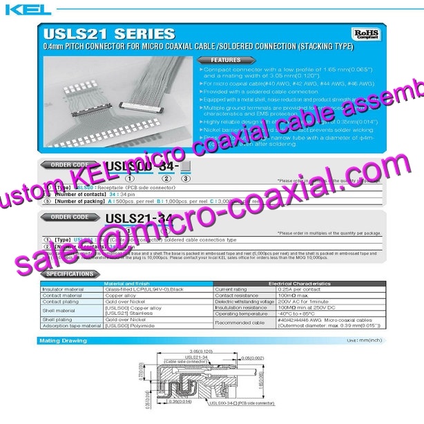 customized KEL USL00-40L-A Micro Coaxial Cable KEL SSL00-40L3-1000 Micro Coaxial Cable Zoom Kamera Module 4K VK-S655N Micro Coaxial Cable