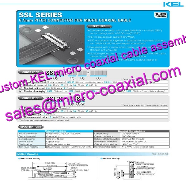 Custom KEL USL00-20L-B Micro Coaxial Cable KEL SSL01-20L3-3000 Micro Coaxial Cable Sony FCB-EV7520A KEL USL00-30L-C cable XCG-CG510 Micro Coaxial Cable