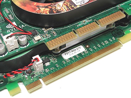 An AGP graphics card (above) compared to a PCI Express graphics card (below)