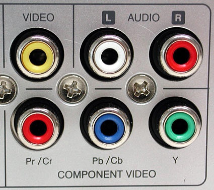 Color coding example from a typical set-top box: yellow for composite video (FBAS), a pair of white and red jacks for analog stereo, and a trio of jacks in red/blue/green for HDTV components