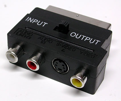 An adapter from SCART to RCA connectors (Composite-Video, 2x audio, and S-Video)