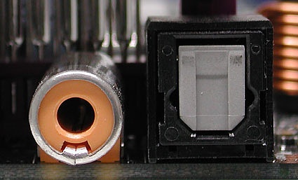 Two types of SPDIF (Digital audito): an RCA/coax connector on the left, and a TOSLINK (optical fiber) on the rigth