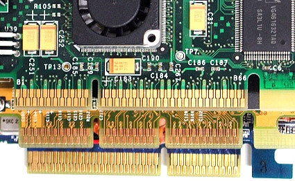 Upper card with notch on the left for AGP 3.3 V. Middle: universal card with two notches (one for AGP 3.3 V, the other for AGP 1.5 V). Bottom card with notch on the right for AGP 1.5 V.