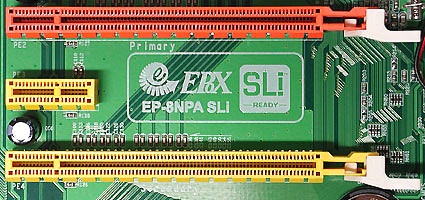 Dual PCI-Express slots for SLI graphics cards from NVIDIA; a small PCI Express x1 Lane slot has somehow blundered into the space between them.